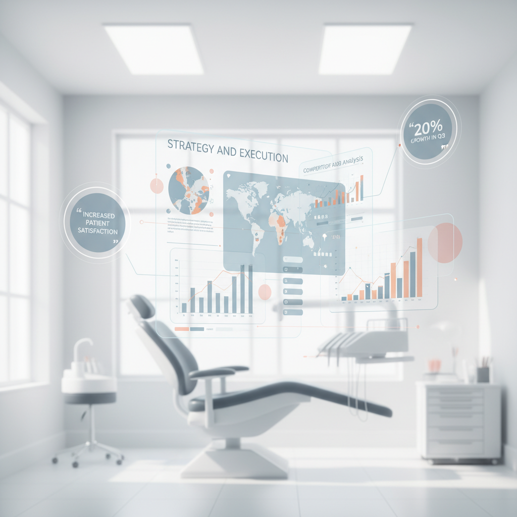 Modern dental clinic with digital dashboards, growth charts, and testimonial bubbles on clean workspace.