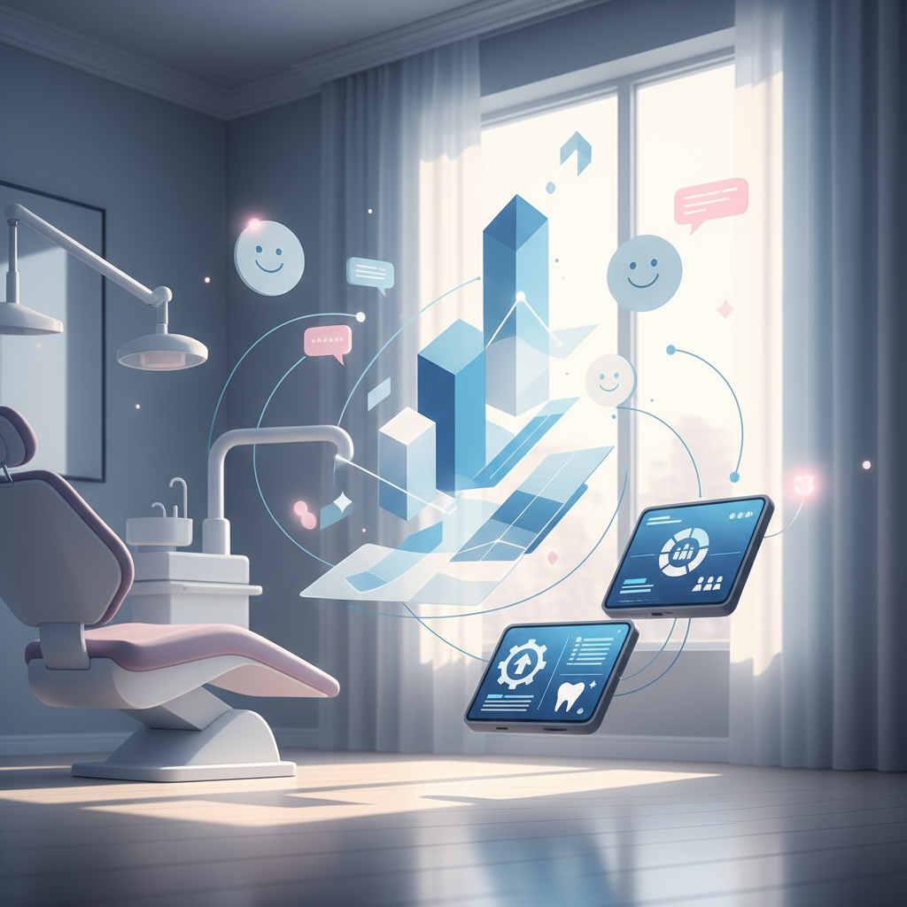 Modern dental clinic with digital dashboards, growth charts, and testimonial bubbles in warm tones.