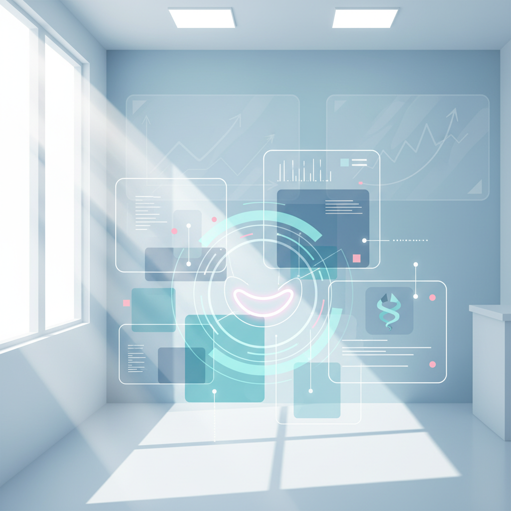 Modern dental clinic with digital interfaces, growth charts, and glowing smile outline in bright, clinical colors.
