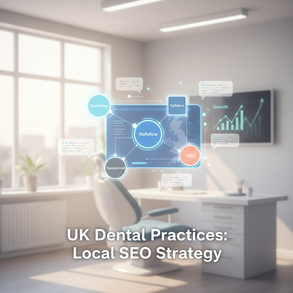 Modern dental clinic with digital SEO dashboard, testimonials, and growth charts in bright lighting.
