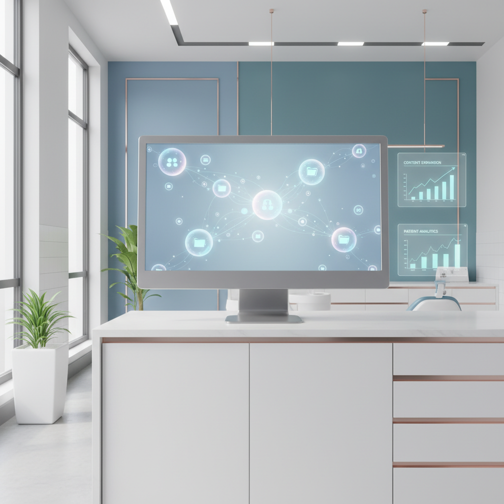 Modern dental clinic with digital workspace, interconnected symbols, growth charts, and calming blue tones.