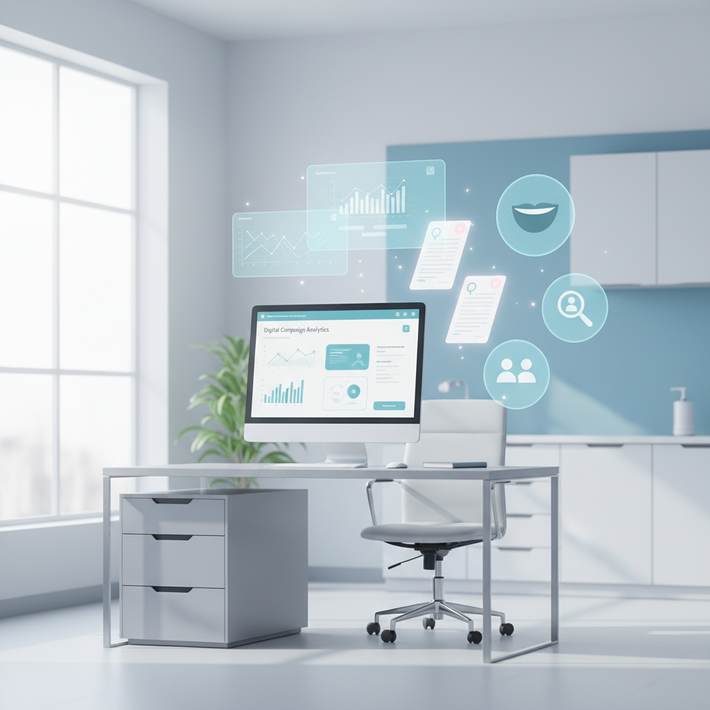 Modern dental clinic workspace with data charts, forms, testimonials, and icons in bright, clean lighting.