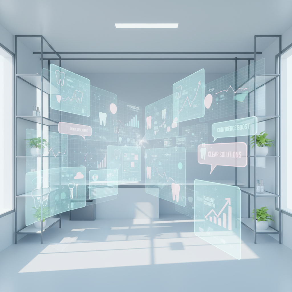 Modern dental clinic workspace with data visuals, icons, and growth charts in cool tones.