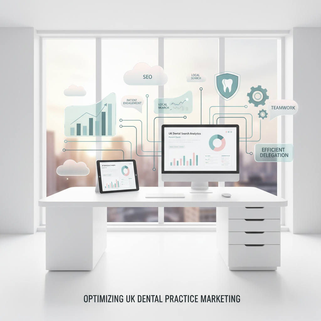 Modern dental clinic workspace with digital devices, charts, and interconnected elements.