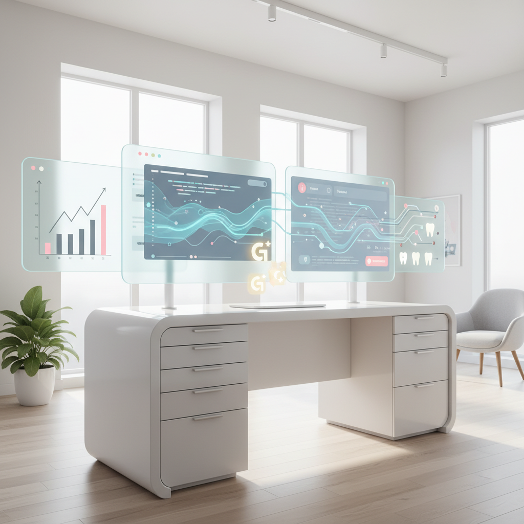 Modern dental clinic workspace with digital screens, growth charts, and optimization icons.