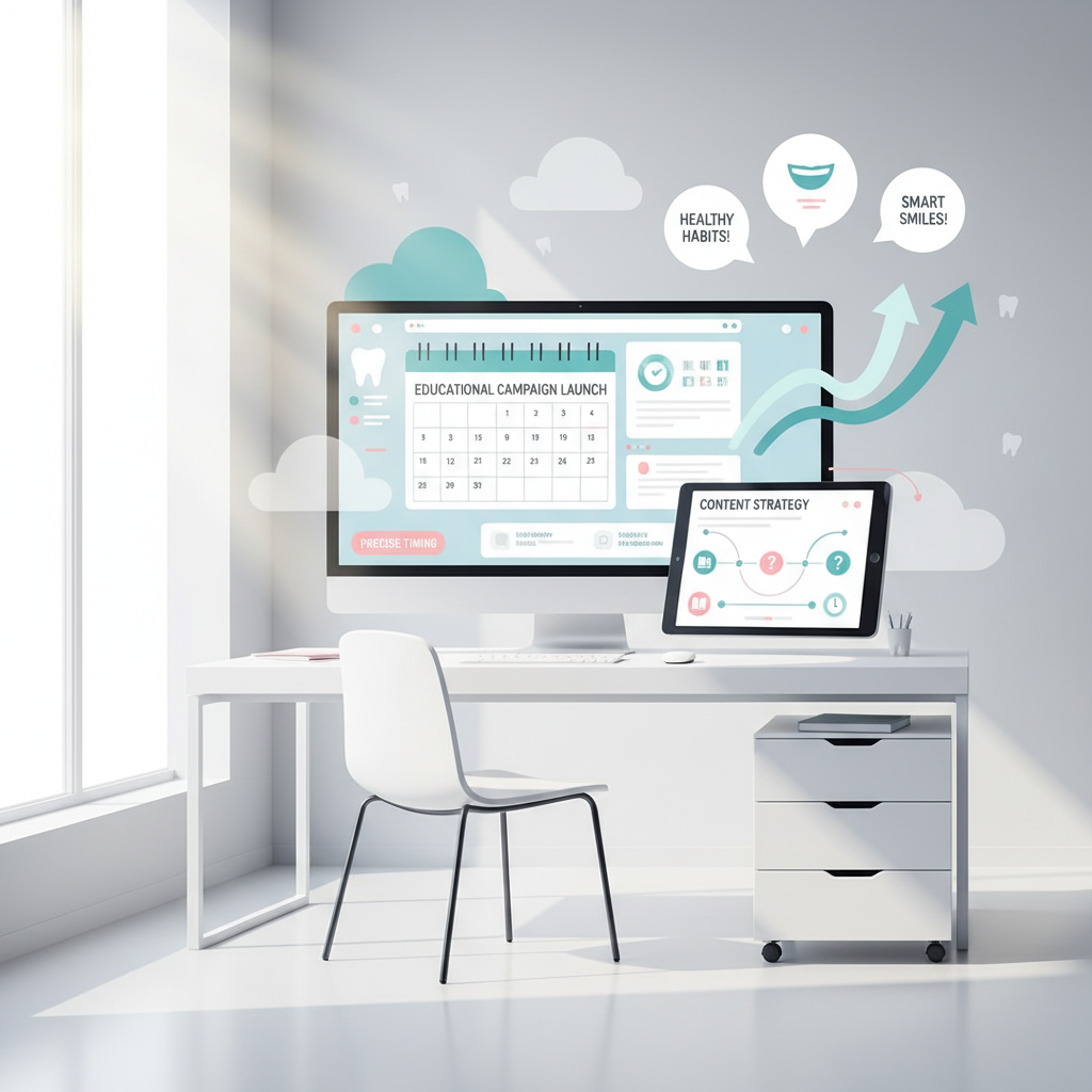 Modern dental clinic workspace with floating charts, testimonials, and calendar icons in bright, clean design.