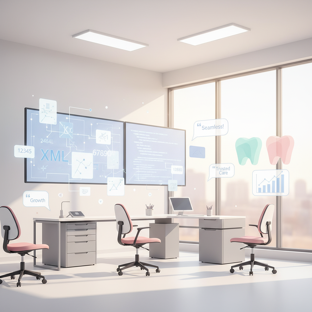 Modern dental clinic workspace with glowing screens, geometric shapes, and data visualizations.