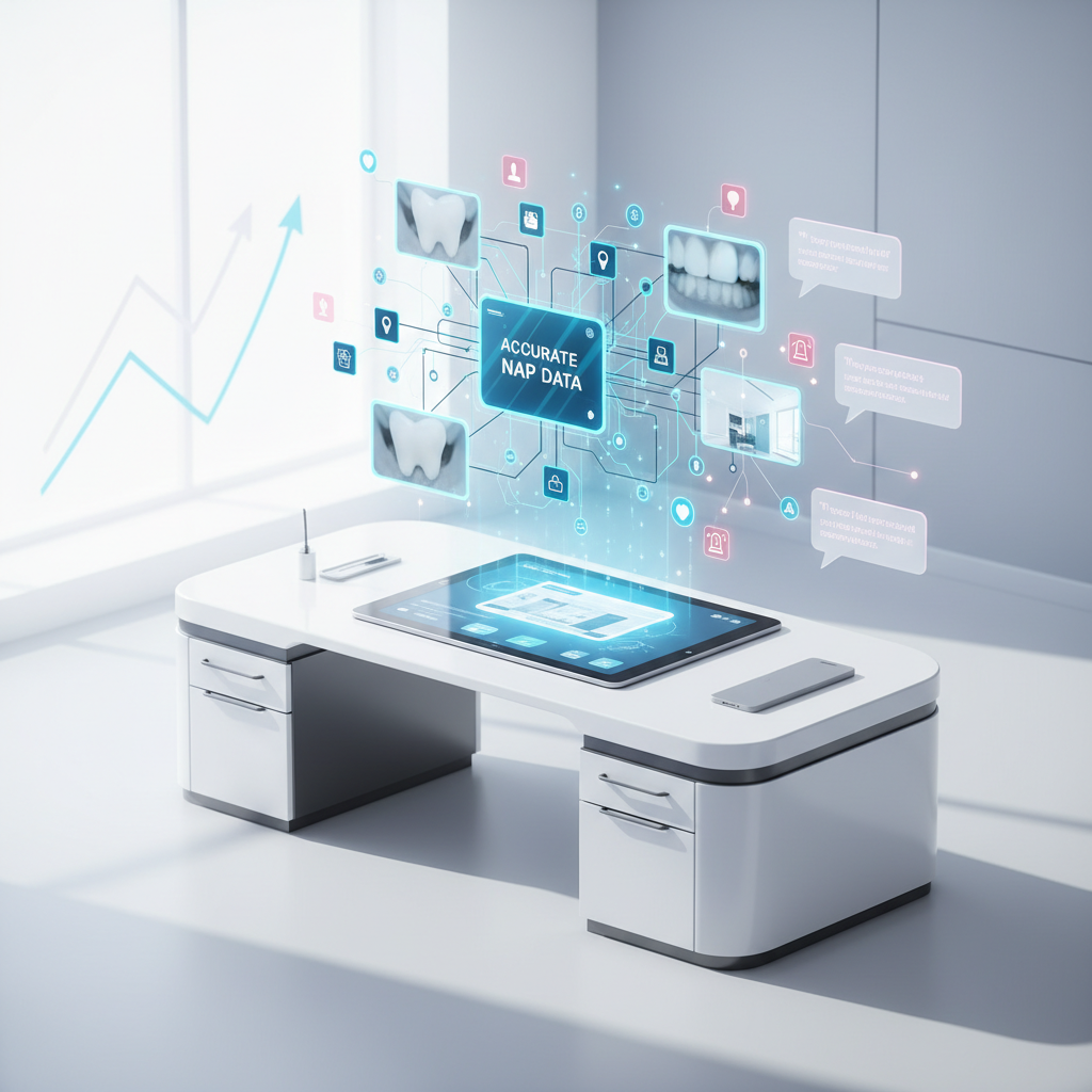 Modern dental clinic workspace with SEO icons, growth charts, and testimonial bubbles in bright light.