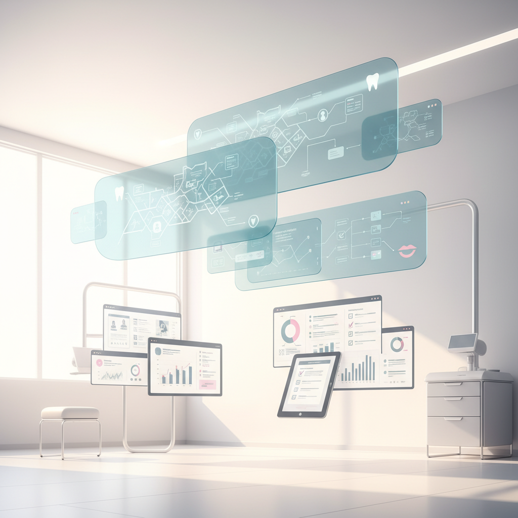 Modern dental clinic workspace with strategic maps, analytics, and collaboration tools.