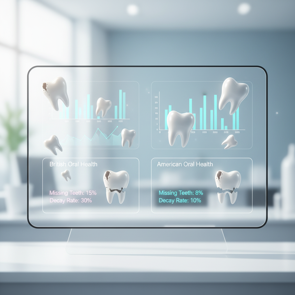 Modern dental dashboard with abstract tooth icons, charts, and floating tooth fragments in bright, clinical colors.