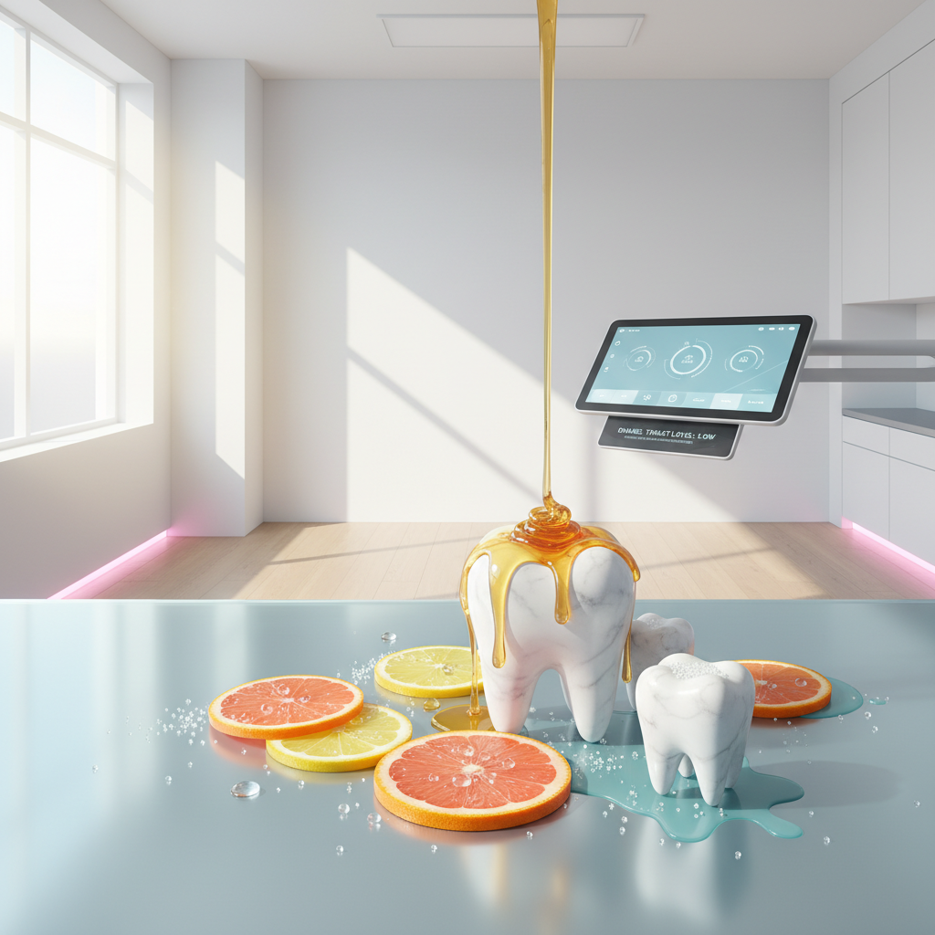 Modern dental dashboard with citrus slices, honey, sugar, pink and teal accents, and clinical setting.