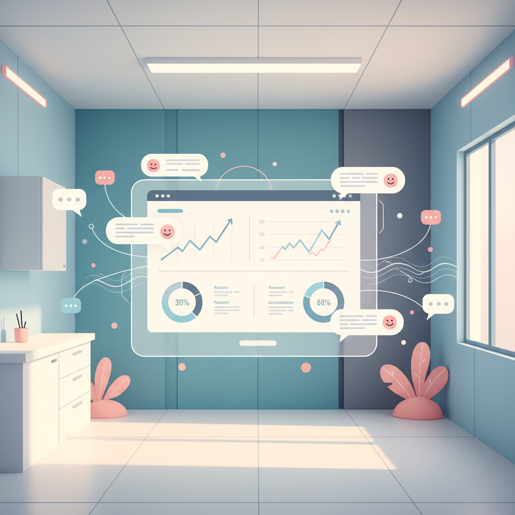 Modern dental dashboard with community symbols in a bright, clinical workspace.