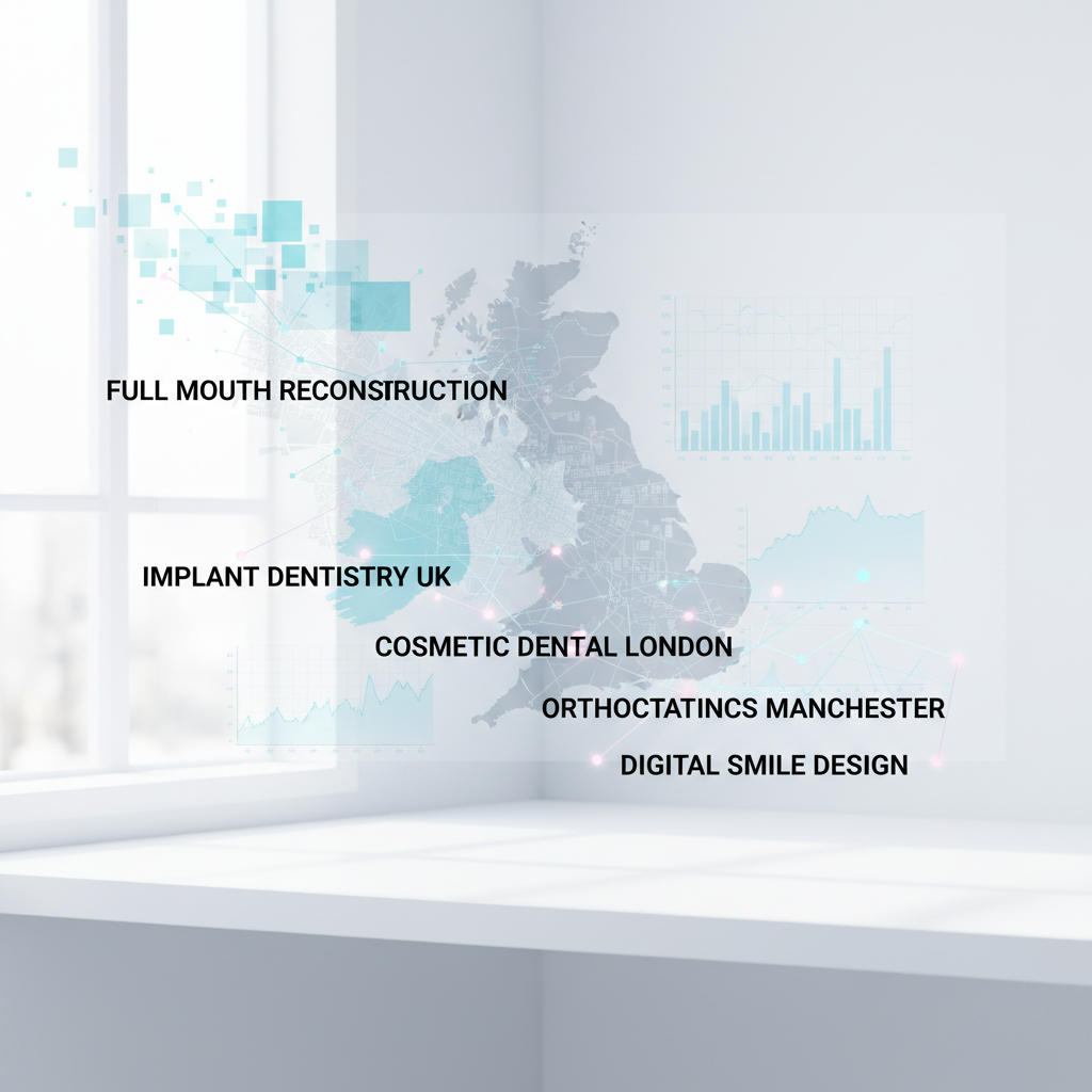 Modern dental dashboard with data streams, maps, and keywords in a clean, clinical workspace.