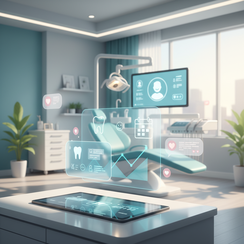 Modern dental dashboard with floating digital touchpoints and growth charts in a bright treatment room.
