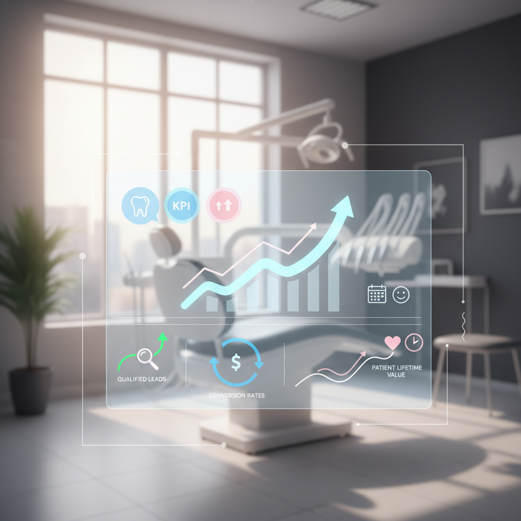 Modern dental dashboard with growth charts and KPI icons in a bright clinic setting.