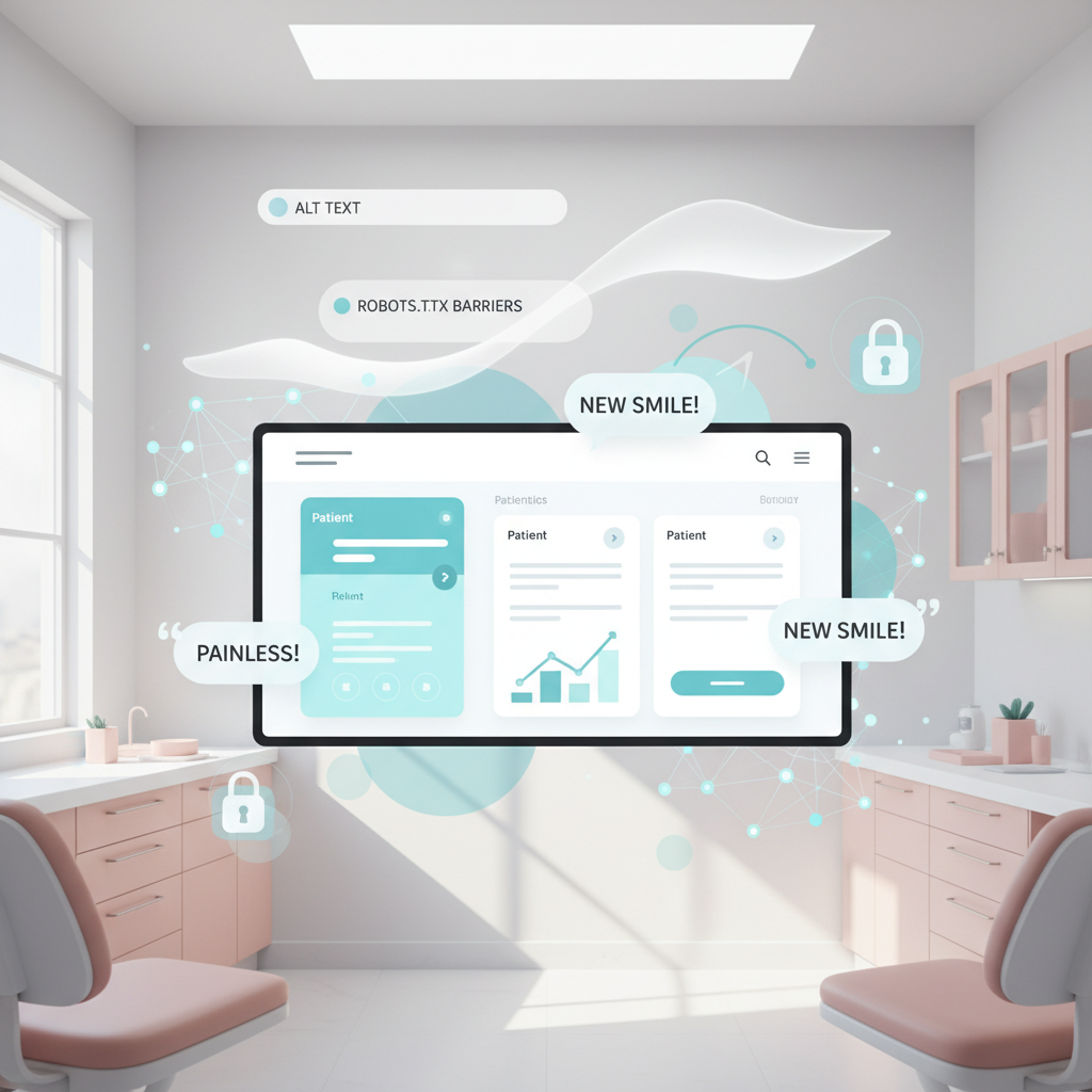 Modern dental dashboard with growth charts, surrounded by SEO and accessibility symbols in a clinical setting.