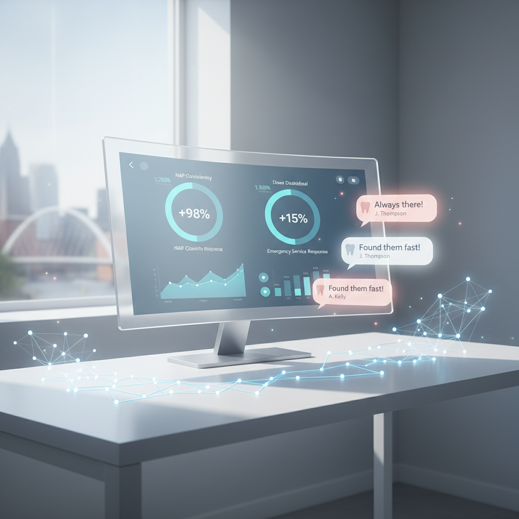 Modern dental dashboard with growth charts, testimonial bubbles, Glasgow skyline, and data motifs.