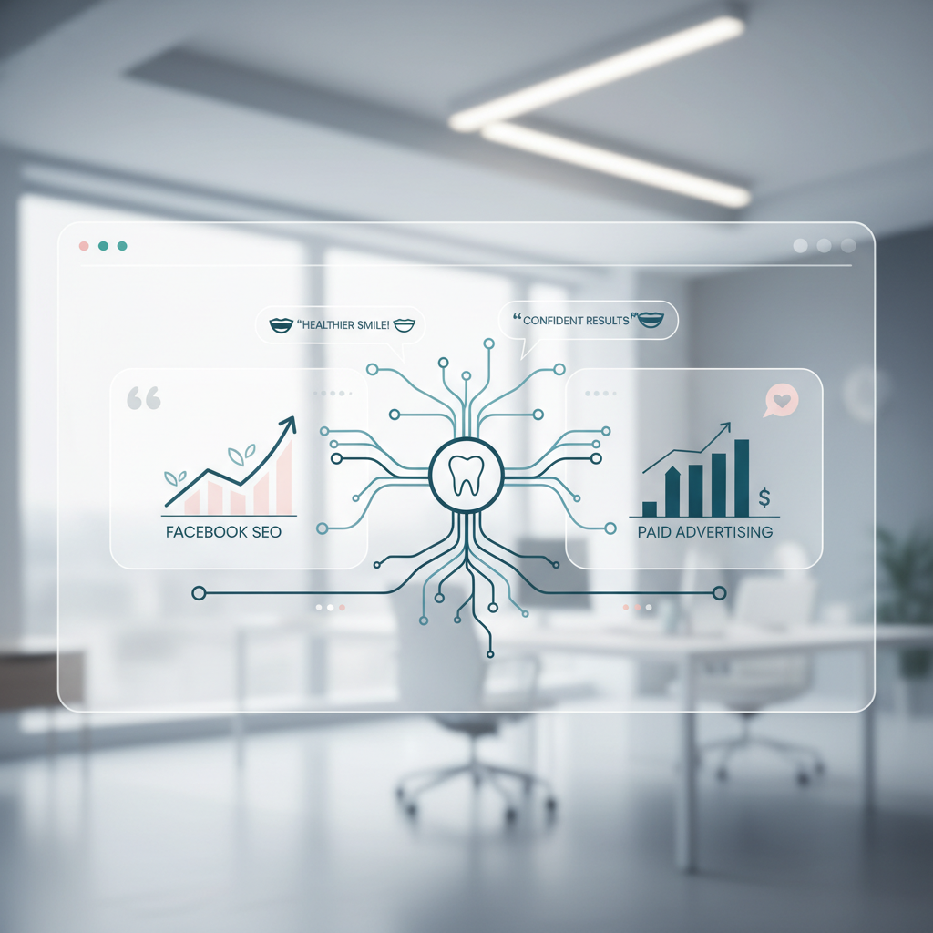 Modern dental dashboard with growth charts, testimonial bubbles, and organic digital pathways.