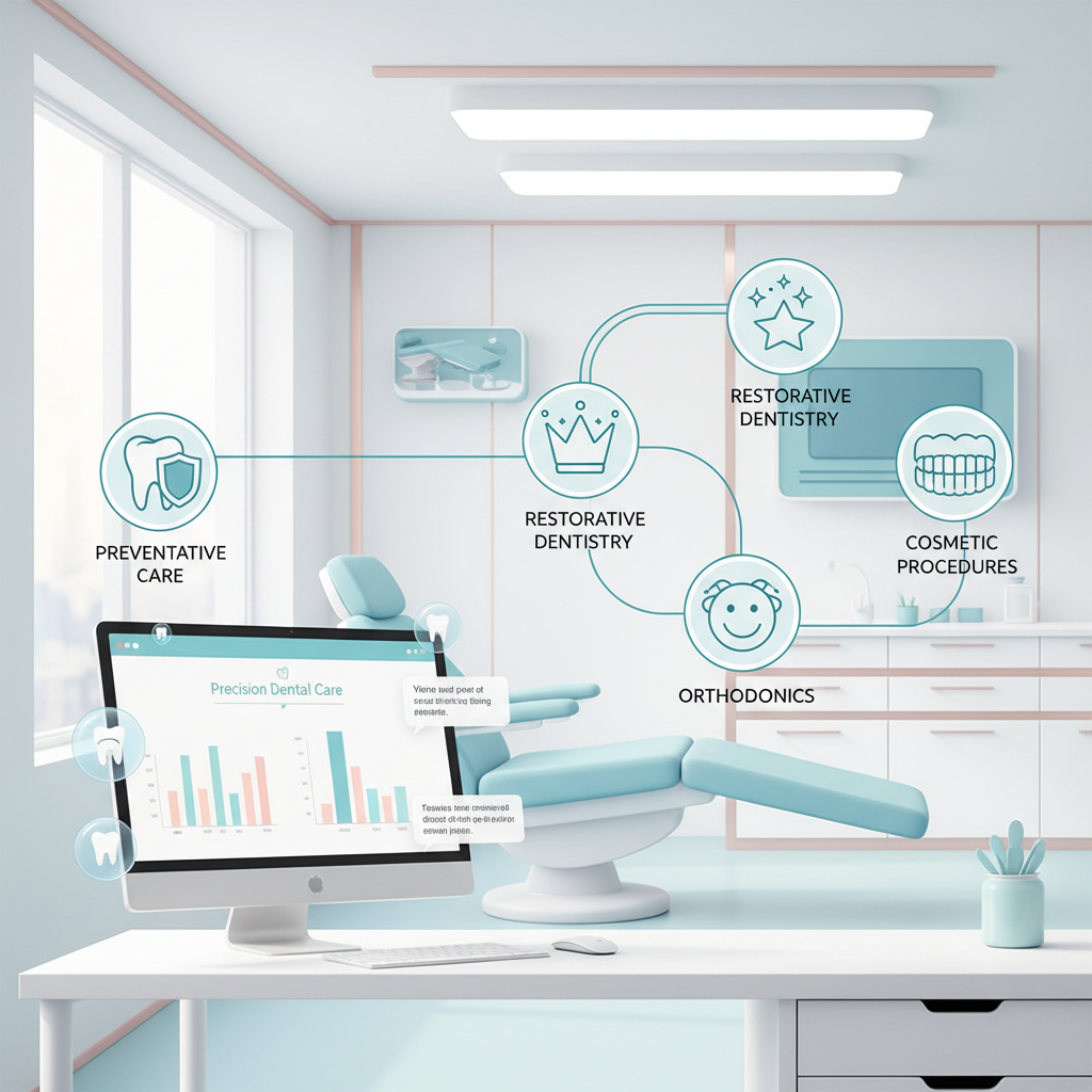 Modern dental dashboard with growth charts, testimonial bubbles, and interconnected care icons in a bright, clinical setting.