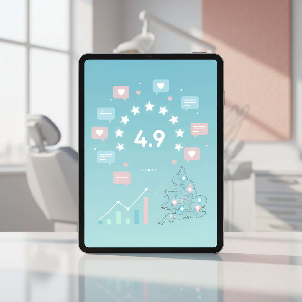 Modern dental dashboard with review stars, growth charts, and UK cityscape in a bright, minimalist workspace.