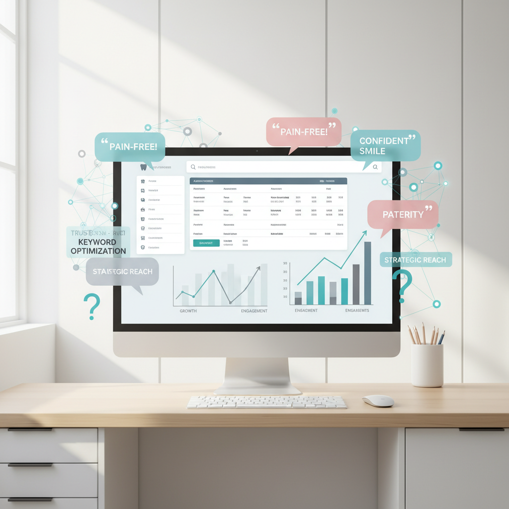 Modern dental dashboard with testimonial bubbles, growth charts, and research icons in clinical tones.