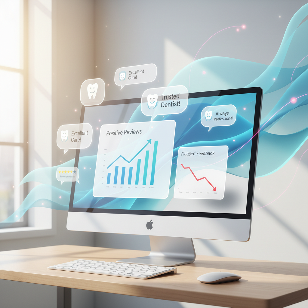 Modern dental dashboard with testimonials, growth charts, and trust symbols in bright workspace.