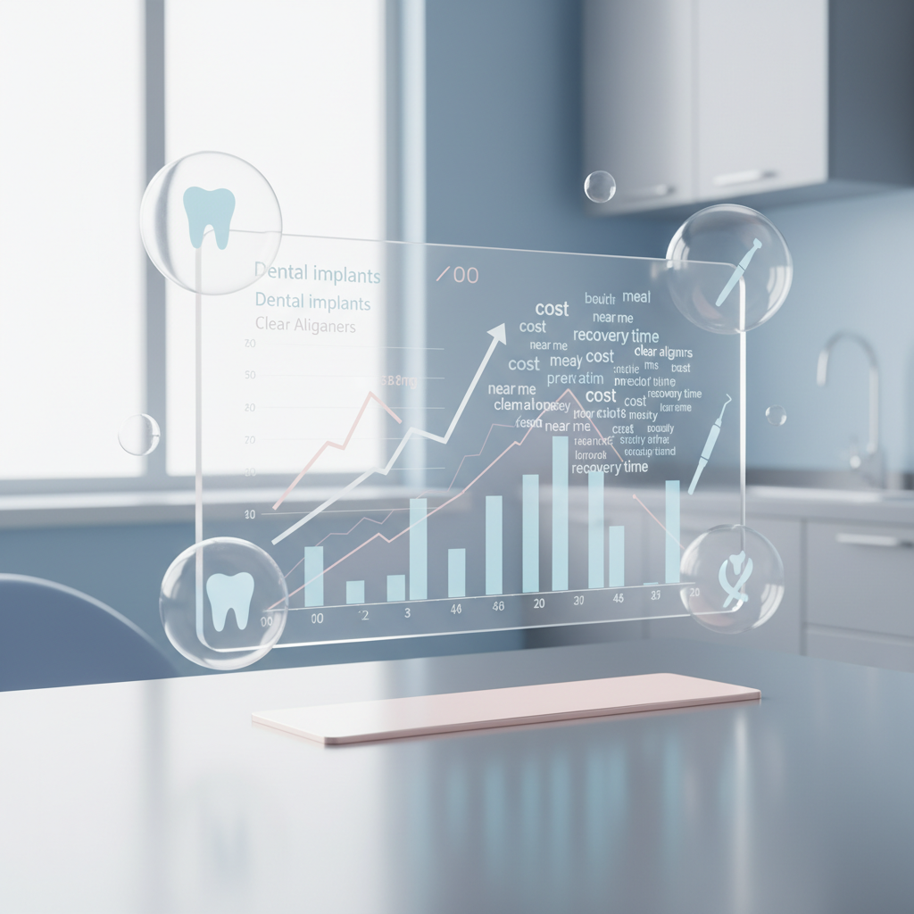 Modern dental dashboard with trend graphs, data bubbles, and dental tools in a bright, clinical workspace.