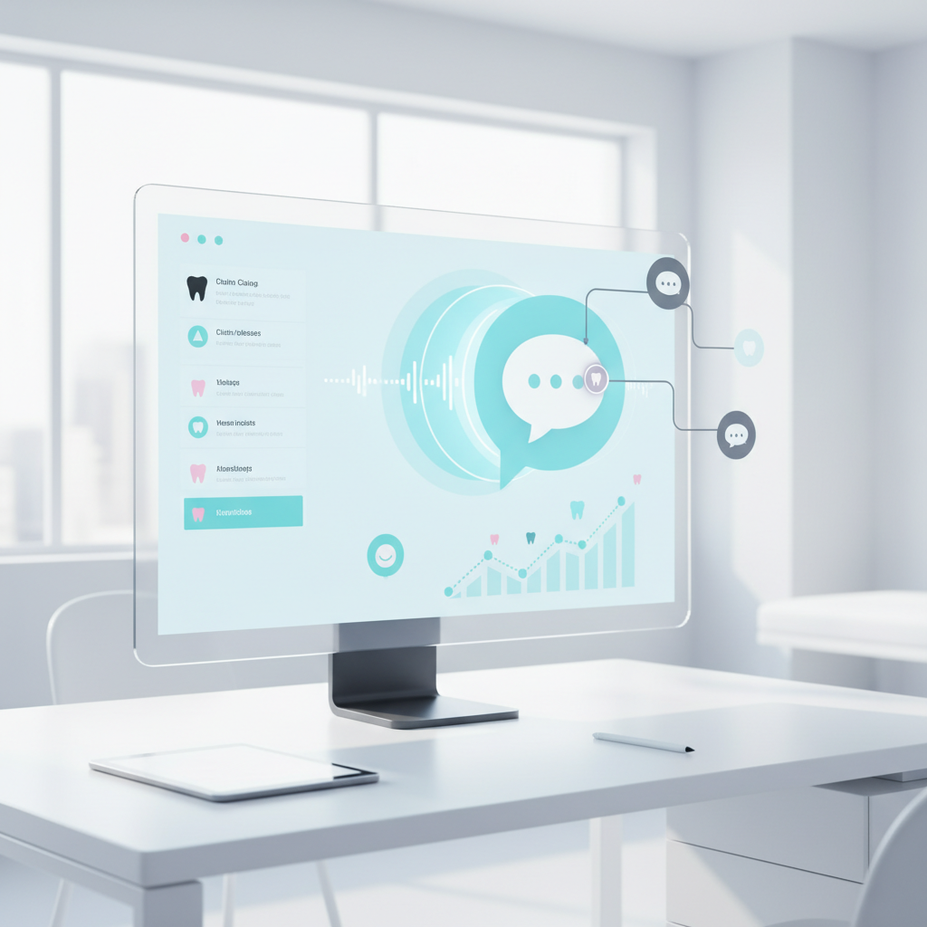 Modern dental dashboard with voice search icons, AI chatbots, and growth charts in a bright workspace.
