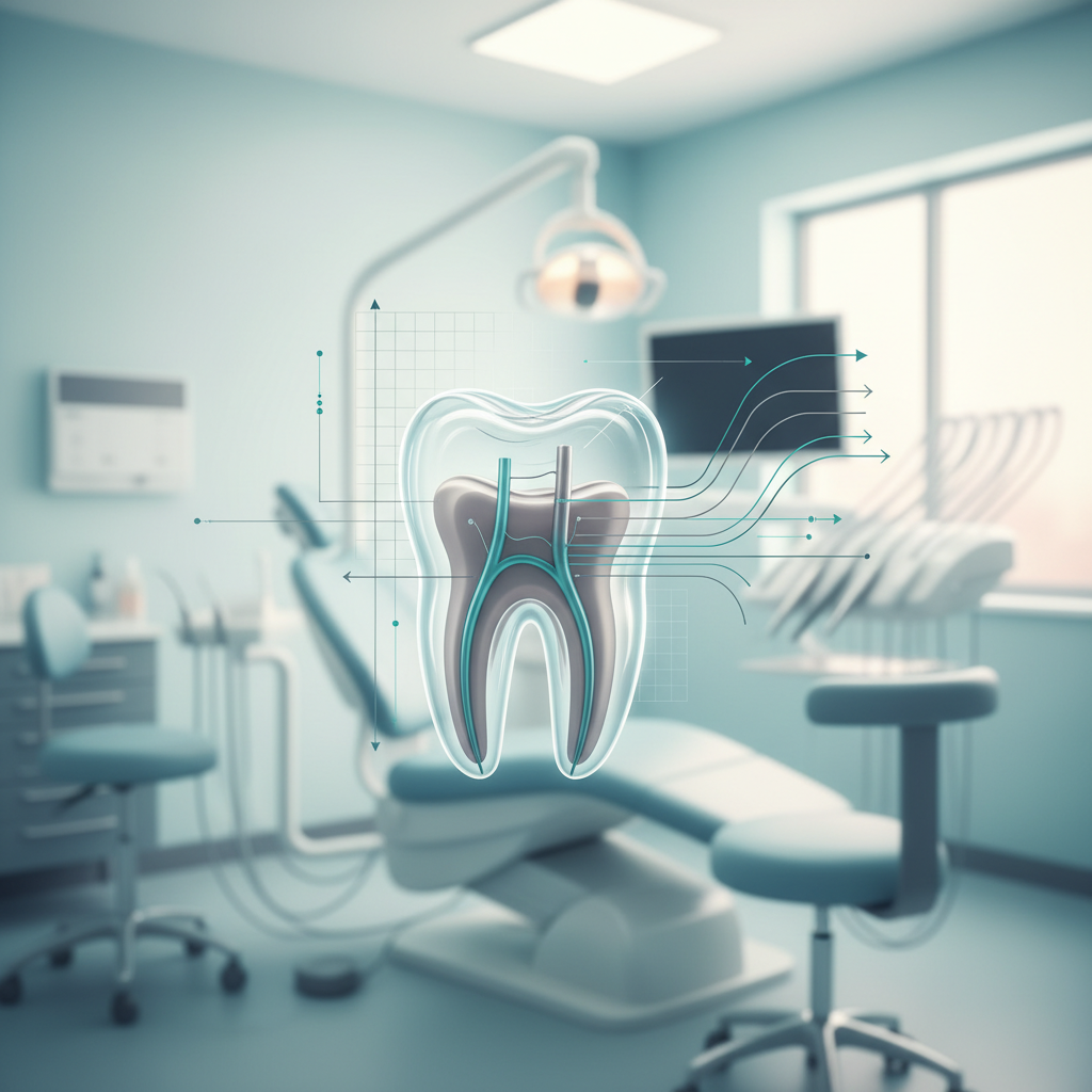 Modern dental illustration of a translucent molar with root canal, geometric overlays, and schematic lines.