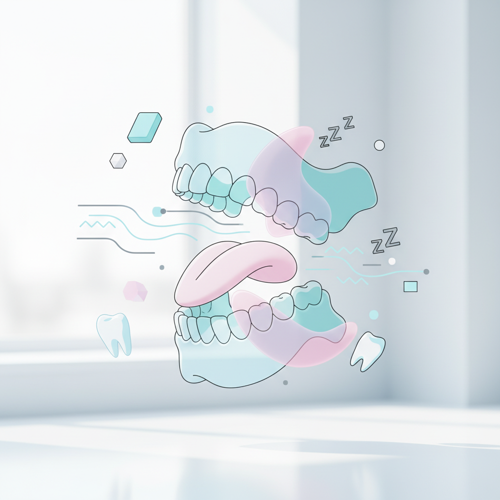 Modern dental illustration showing airway and oral tissues in soft motion with clinical colors.
