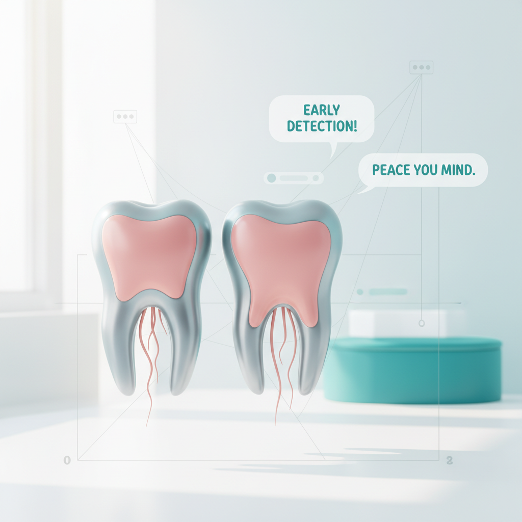 Modern dental illustration showing early MIH detection with colorful enamel textures and clinical elements.