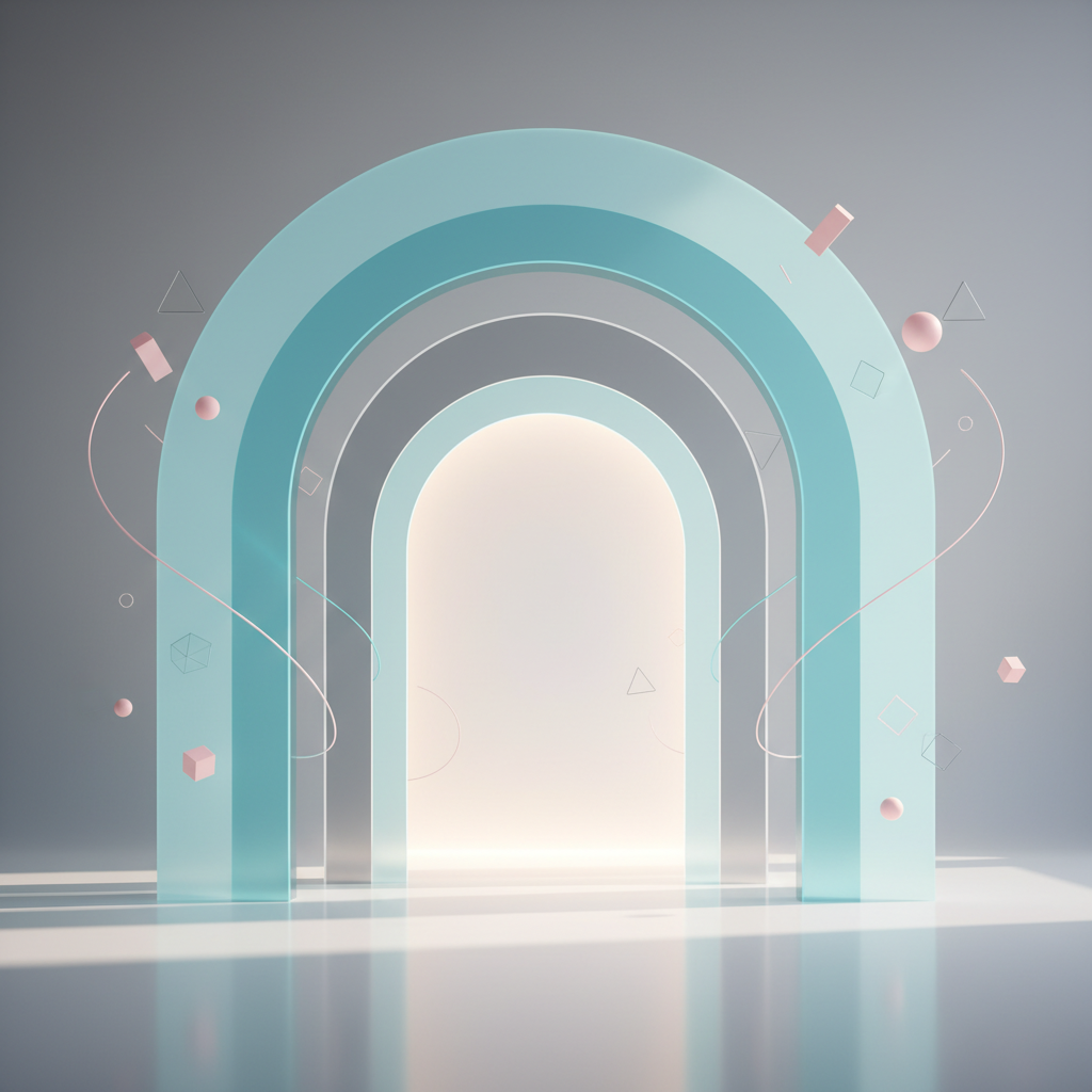 Modern dental illustration with abstract blueprints, geometric shapes, and warm clinical lighting.