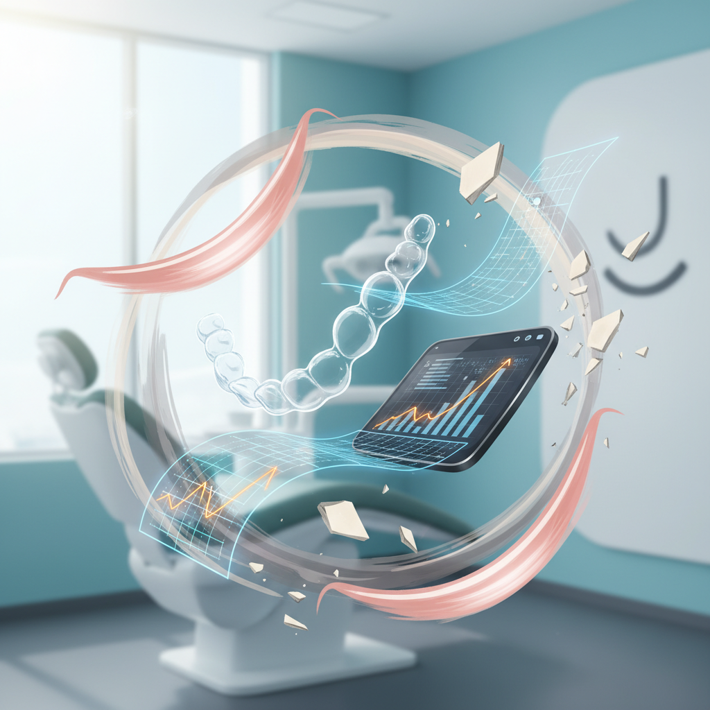 Modern dental illustration with aligners, veneers, smiles, digital grids, and growth charts in a clinical setting.