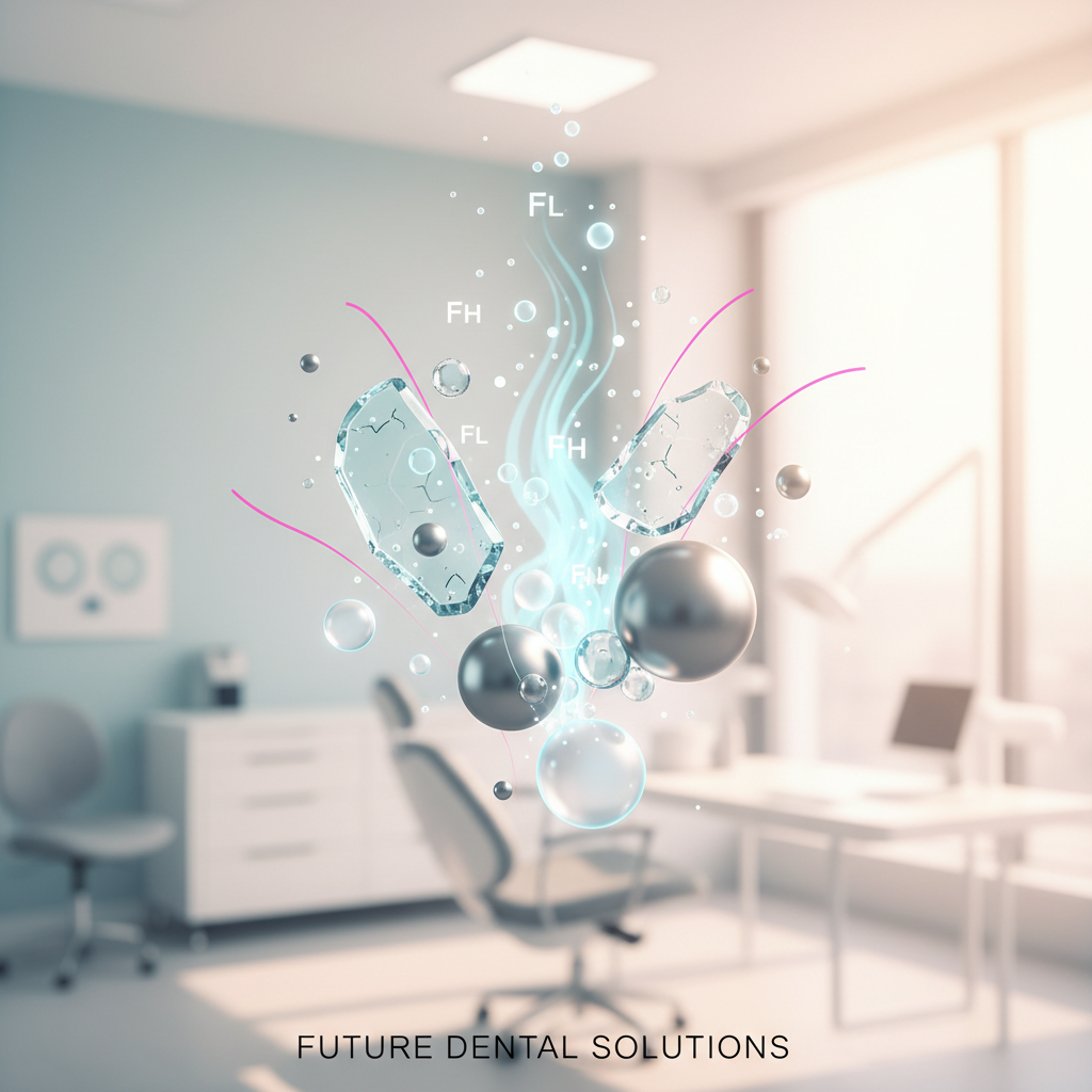 Modern dental illustration with bioactive glass particles and nanoceramic spheres in a bright clinical setting.