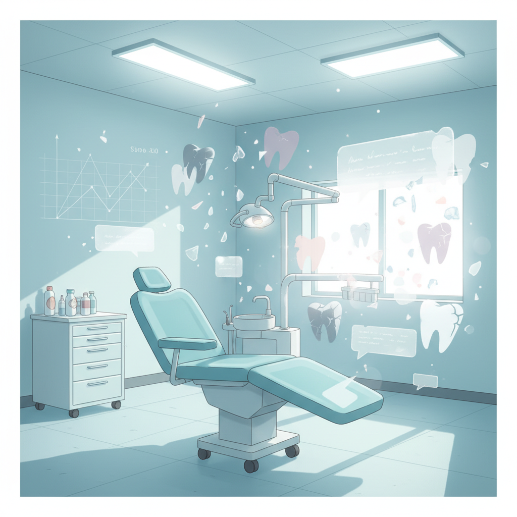 Modern dental illustration with fractured teeth, childhood memories, growth charts, and soft healing elements.