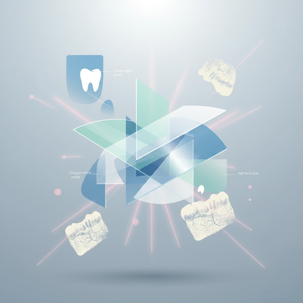 Modern dental illustration with geometric shapes, translucent layers, and soft clinical colors.