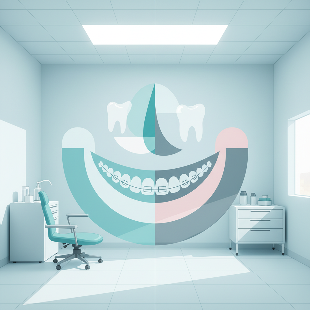 Modern dental illustration with geometric smile and facial contours in bright, clinical tones.
