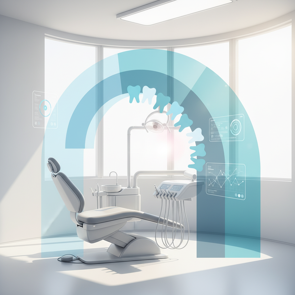 Modern dental illustration with translucent overlays, tooth silhouettes, and digital interface elements in a clinical setting.