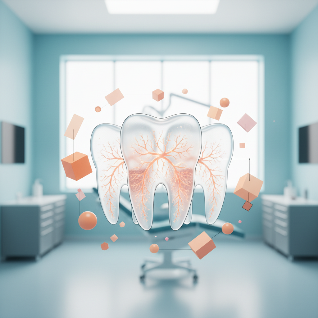 Modern dental illustration with translucent teeth, geometric shapes, and calming clinical background.