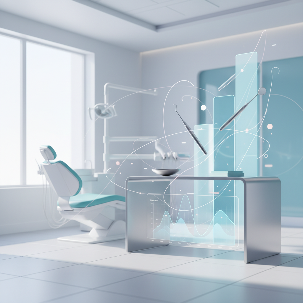 Modern dental treatment room with abstract growth charts, tools, and revenue graphs.