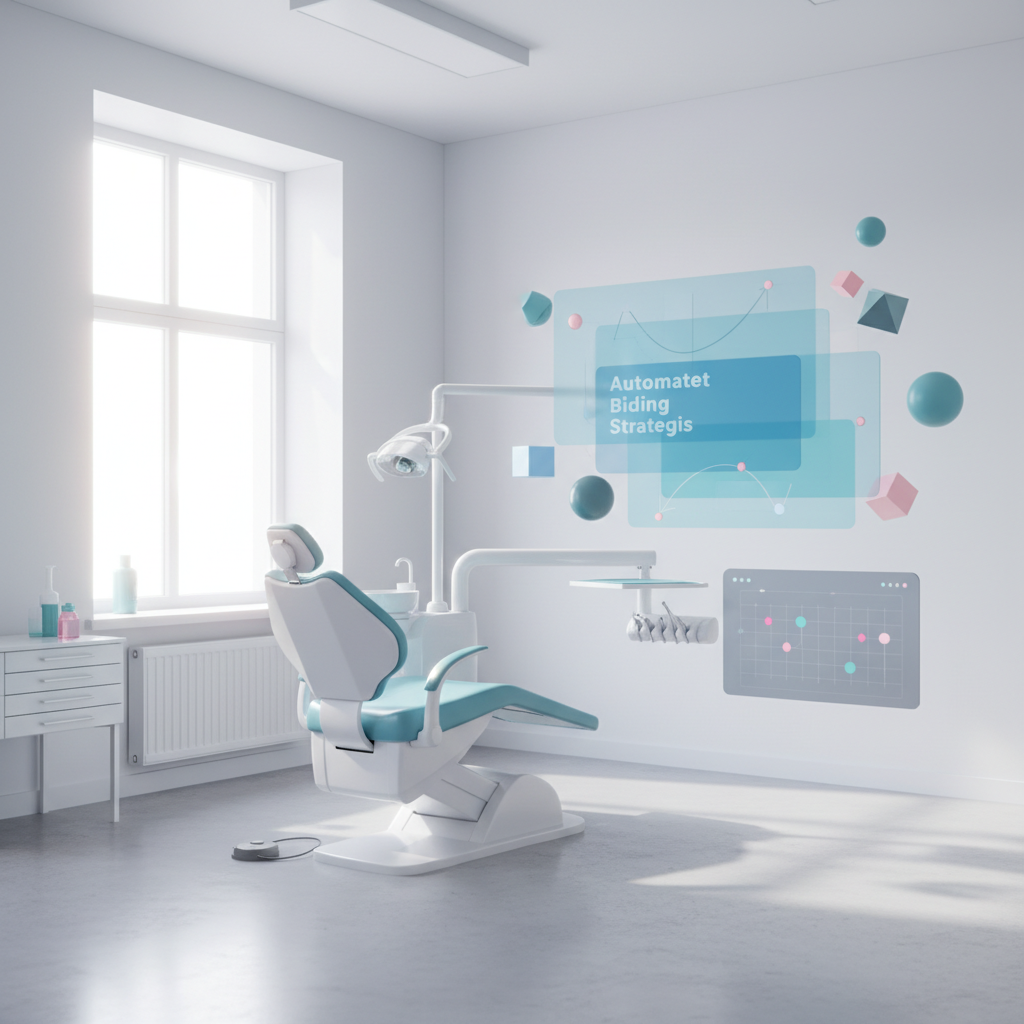 Modern dental treatment room with abstract layered charts and geometric shapes representing data control.