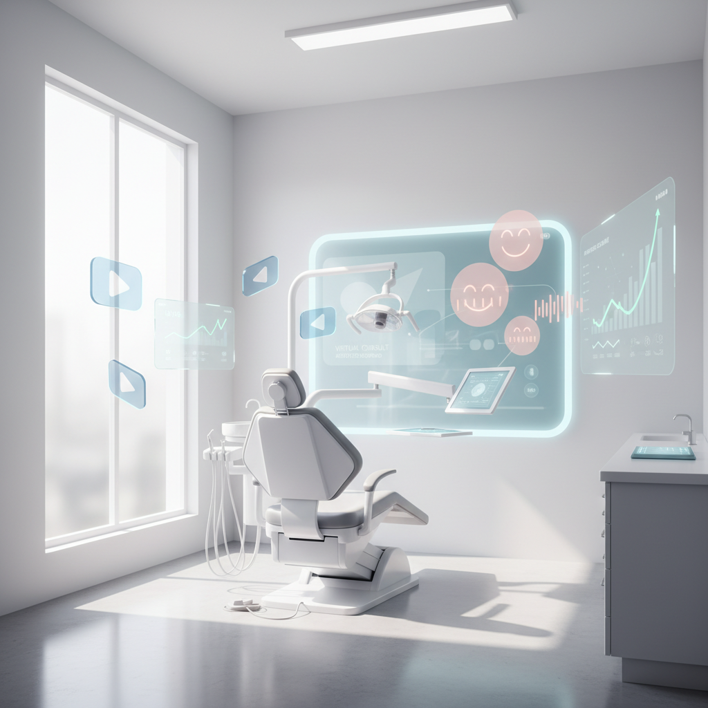 Modern dental treatment room with digital charts, video icons, and testimonial bubbles.