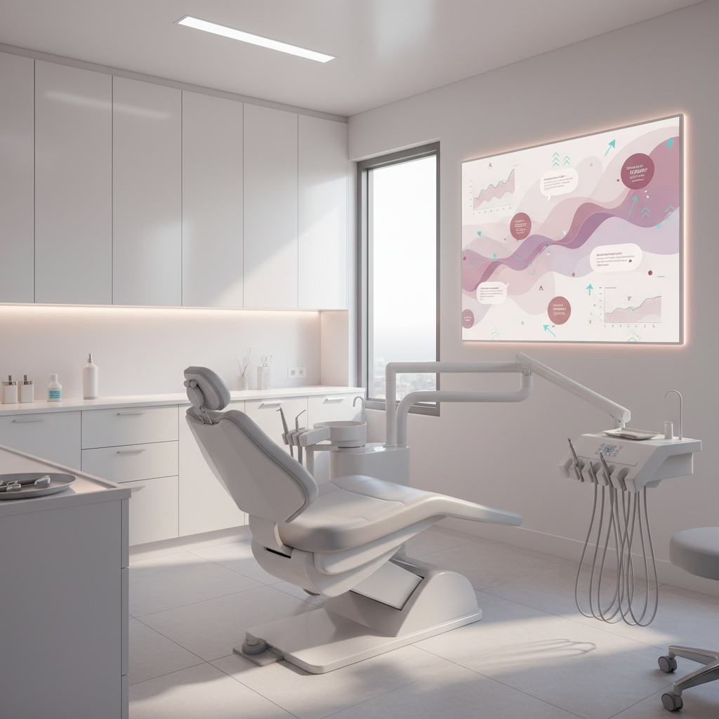 Modern dental treatment room with digital dashboard displaying growth charts and testimonial bubbles.