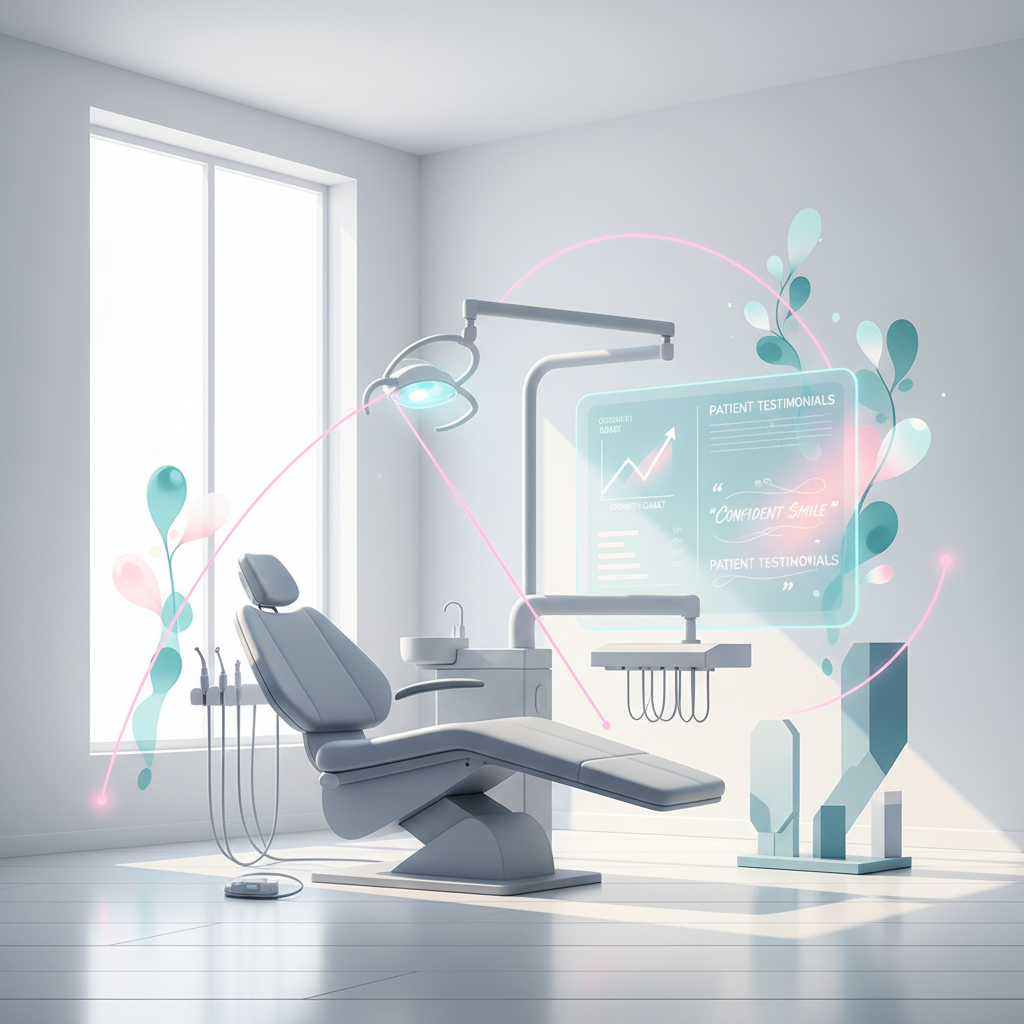 Modern dental treatment room with digital interfaces, warm accents, and organic shapes.