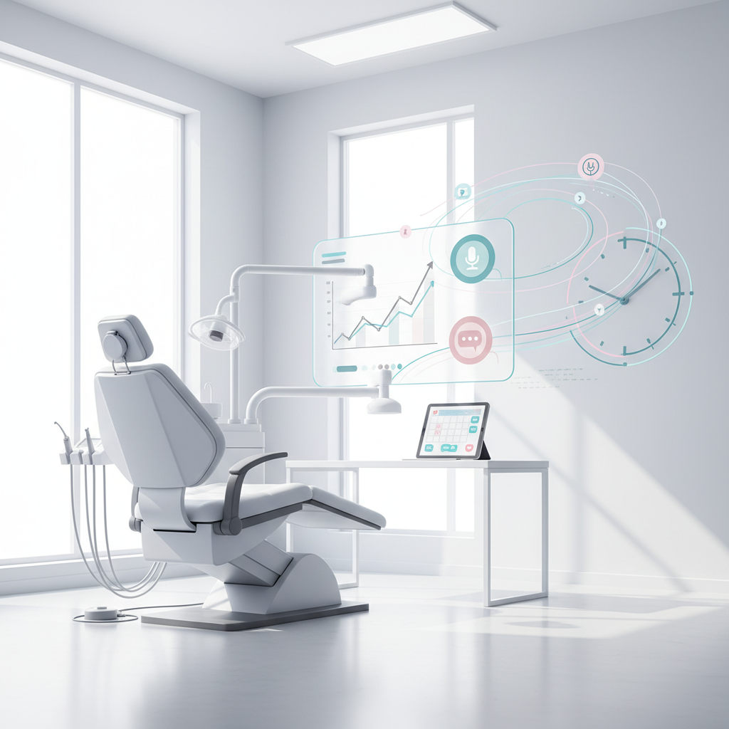 Modern dental treatment room with digital workspace, testimonial bubbles, growth charts, and abstract message flows.