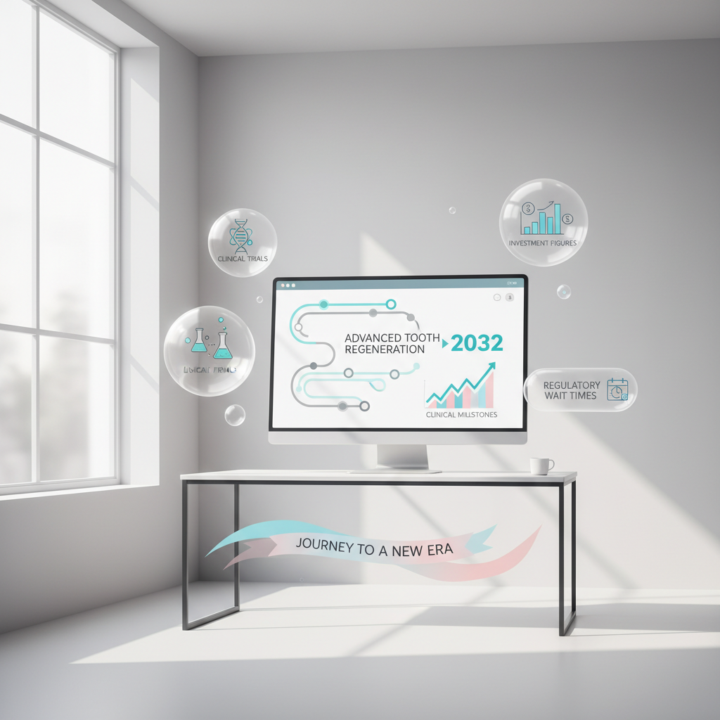 Modern dental treatment room with digital workspace, floating bubbles, and minimalist design elements.