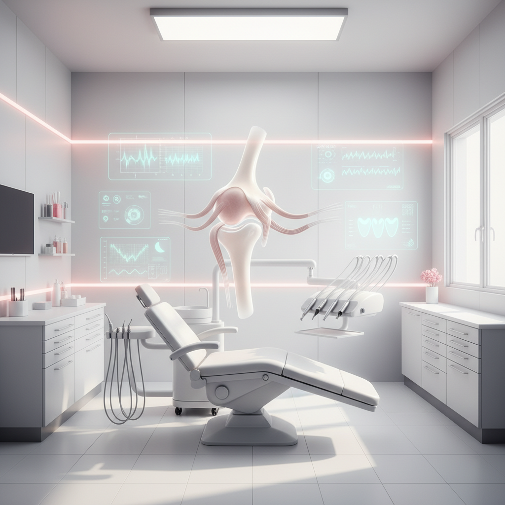 Modern dental treatment room with floating temporomandibular joint, digital overlays, and calming colors.