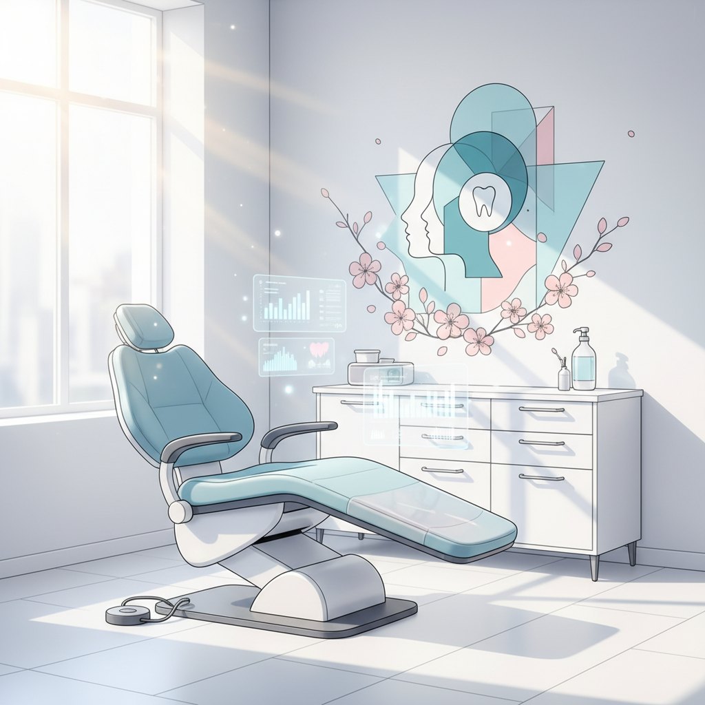 Modern dental treatment room with geometric shapes, floral motifs, digital overlays, and calming colors.