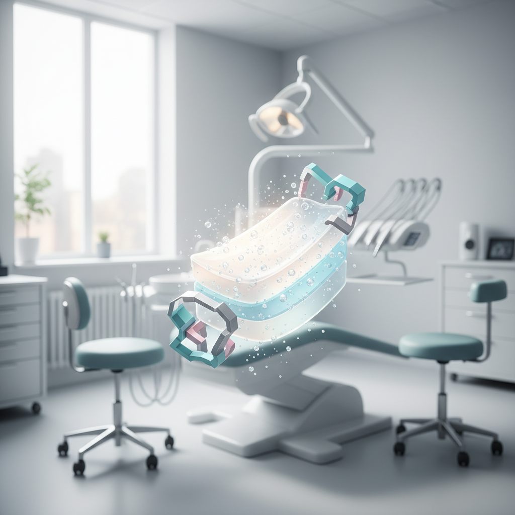 Modern dental treatment room with illustration of nano-ceramic particles in resin matrix and microstructures.