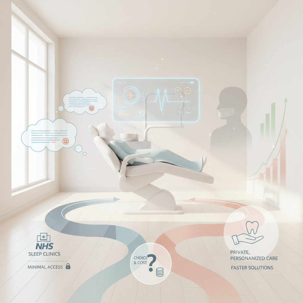 Modern dental treatment room with pathways representing NHS and private sleep clinic options.